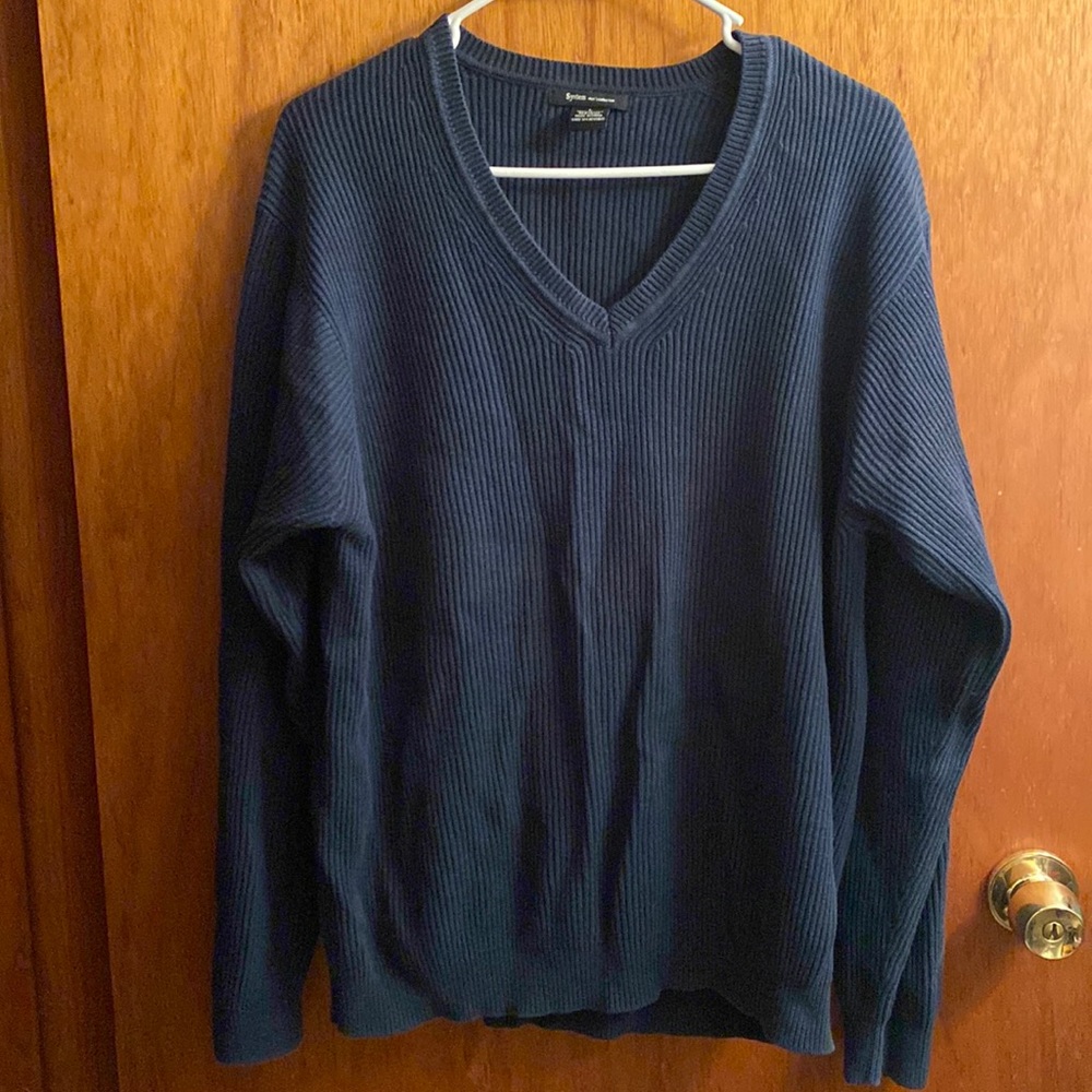 System Men’s Collection Blue Ribbed V-Neck Sweater